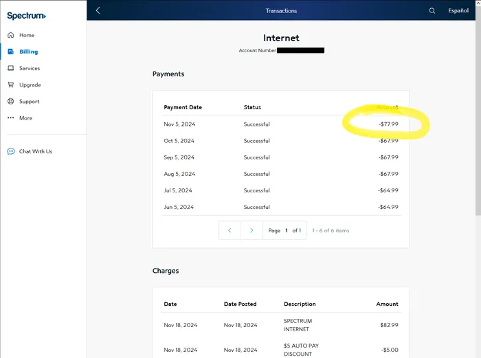 Factura de Spectrum mostrando un aumento de $10 a $77.99