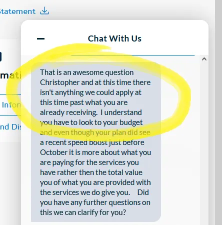 Representante del chat en línea de Spectrum diciendo que no hay nada que puedan aplicar en este momento