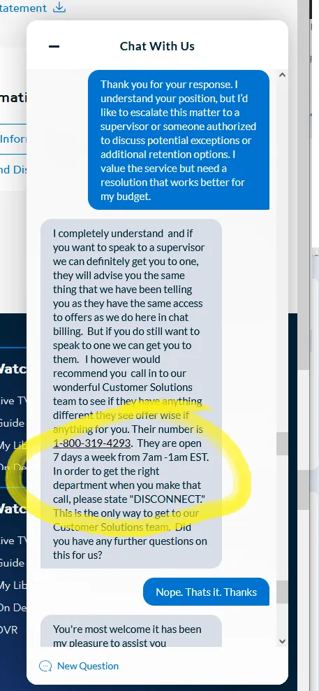 Consejo del representante del chat de Spectrum de llamar y decir disconnect para llegar al equipo de retención