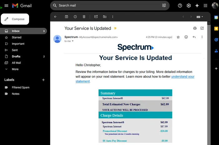 Resumen de la cuenta de Spectrum después de negociar un descuento