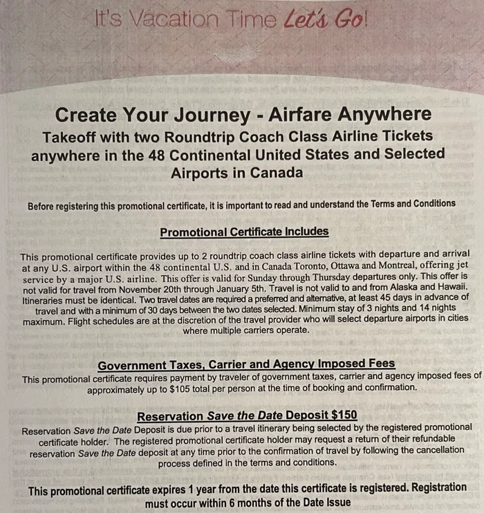 Terms and hidden costs for the two round-trip airline tickets option
