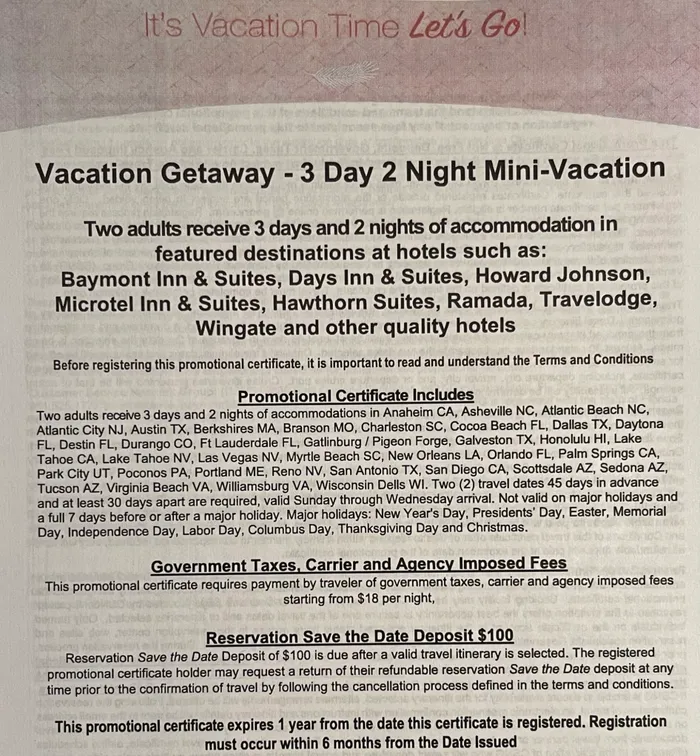 Terms and hidden costs for the 3-day, 2-night mini vacation option