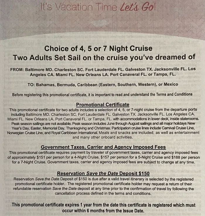 Terms and hidden costs for the 4, 5, or 7 night cruise option