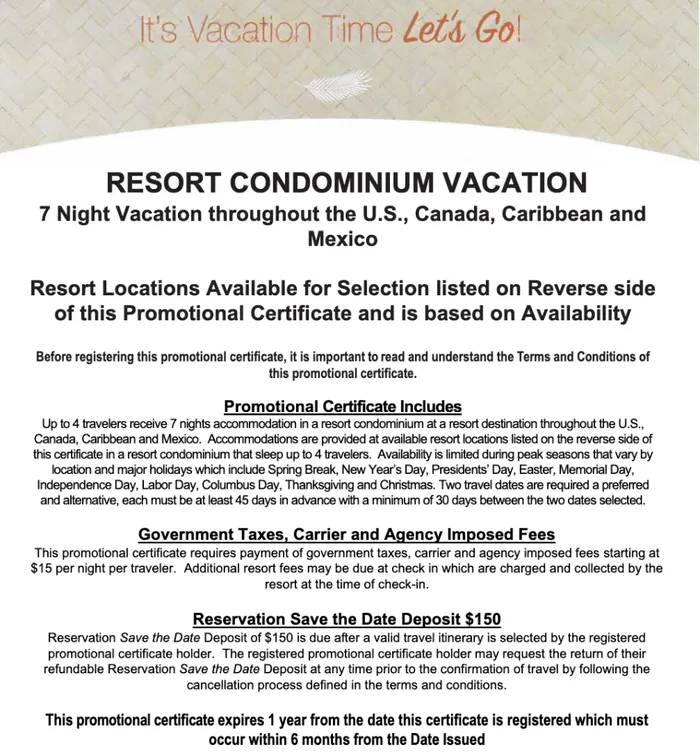 Terms and hidden costs for the resort condo stay option