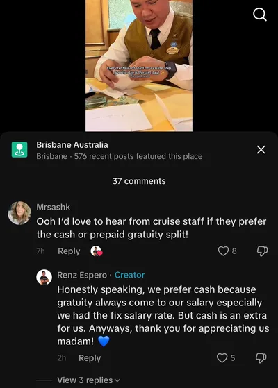Princess Cruises crew member comment saying crew prefer cash because gratuities go toward their fixed salary while cash is extra