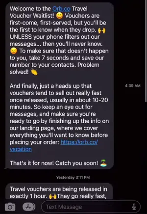 Text message alert from Orb.co announcing a new available travel voucher