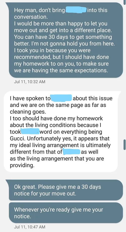 Text message from the landlord about moving out early