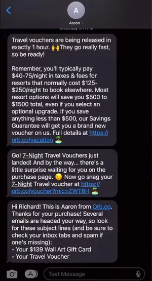 Follow-up text message from Orb.co with purchase instructions for the travel voucher