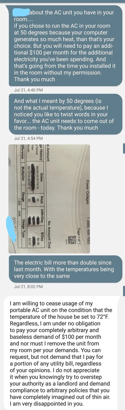 Text message from the landlord complaining about the portable air conditioner