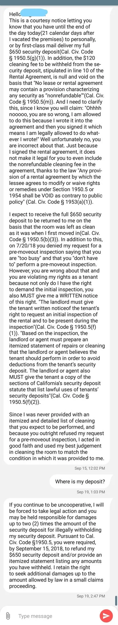 More unanswered text messages sent to the landlord about the security deposit