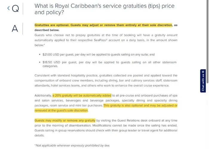 Royal Caribbean's UK gratuity policy page listing a 20% gratuity on all purchases