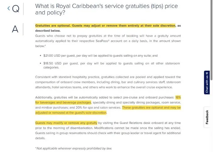 Royal Caribbean's US gratuity policy page, October 2026, with highlighted text saying gratuities are optional and can be removed