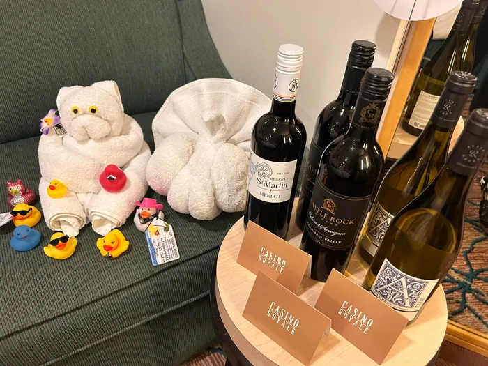 Bottle of Casino Royale wine delivered to a stateroom