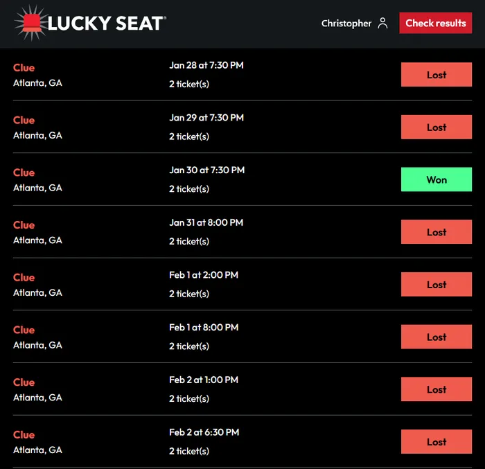 Lucky Seat results page showing eight Clue entries in Atlanta, seven lost and one won
