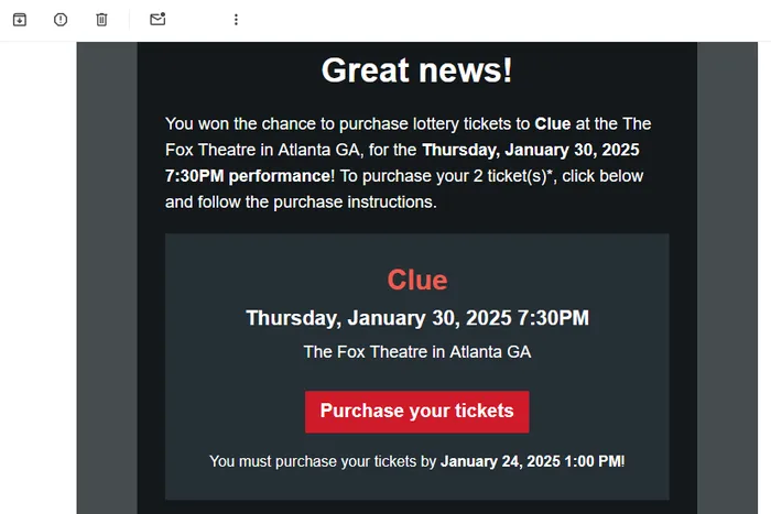 Winning notification email from the Lucky Seat ticket lottery
